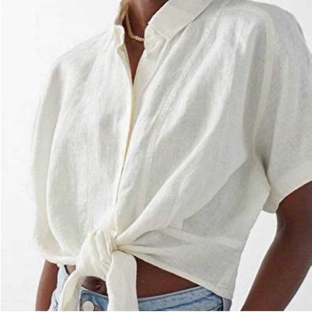 & Other Stories Linen Cropped Button Down Cream Off White Blouse Shirt Top sz 4